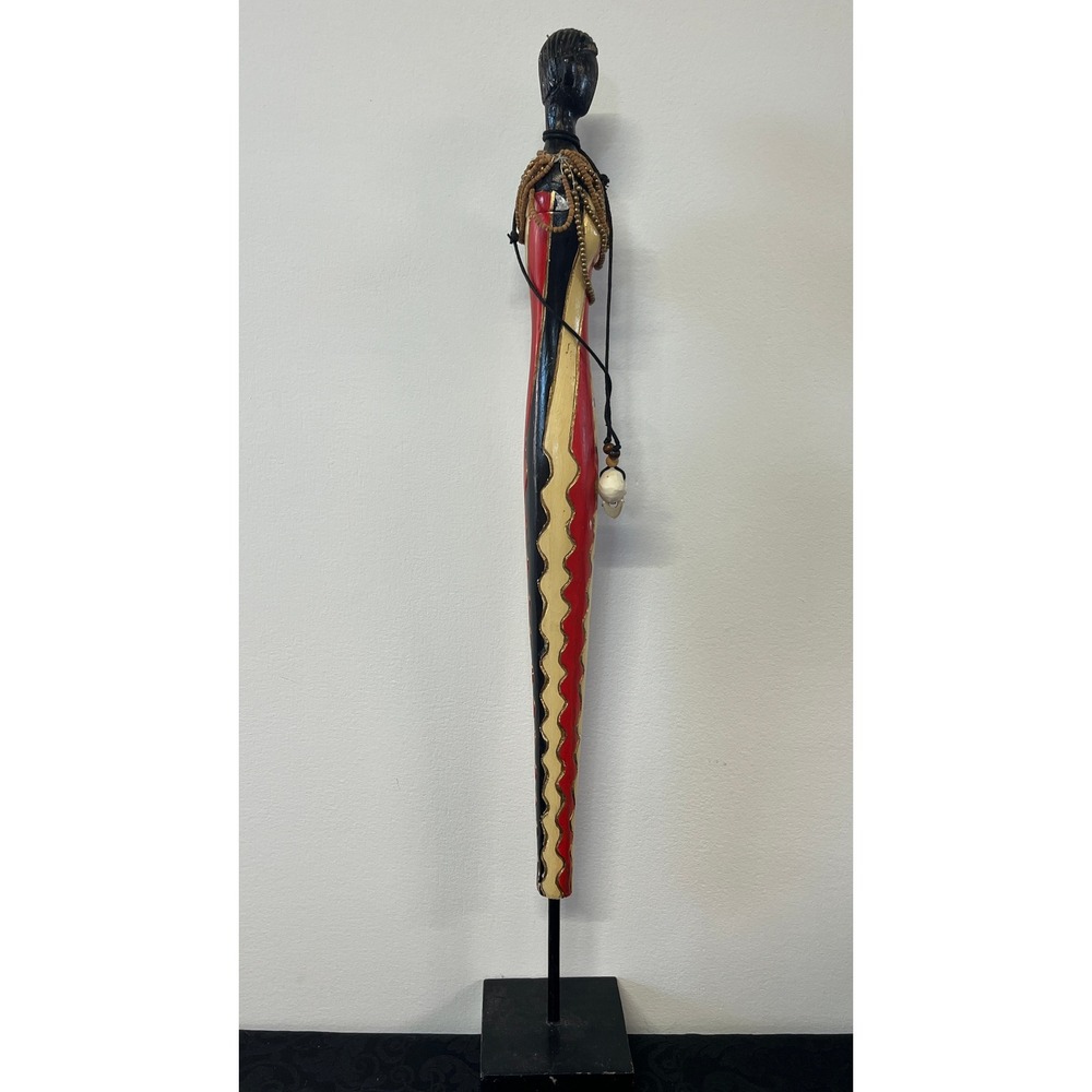 Primitive Wooden Elongated Hand Painted African Woman Body Beads Skull 26.5"